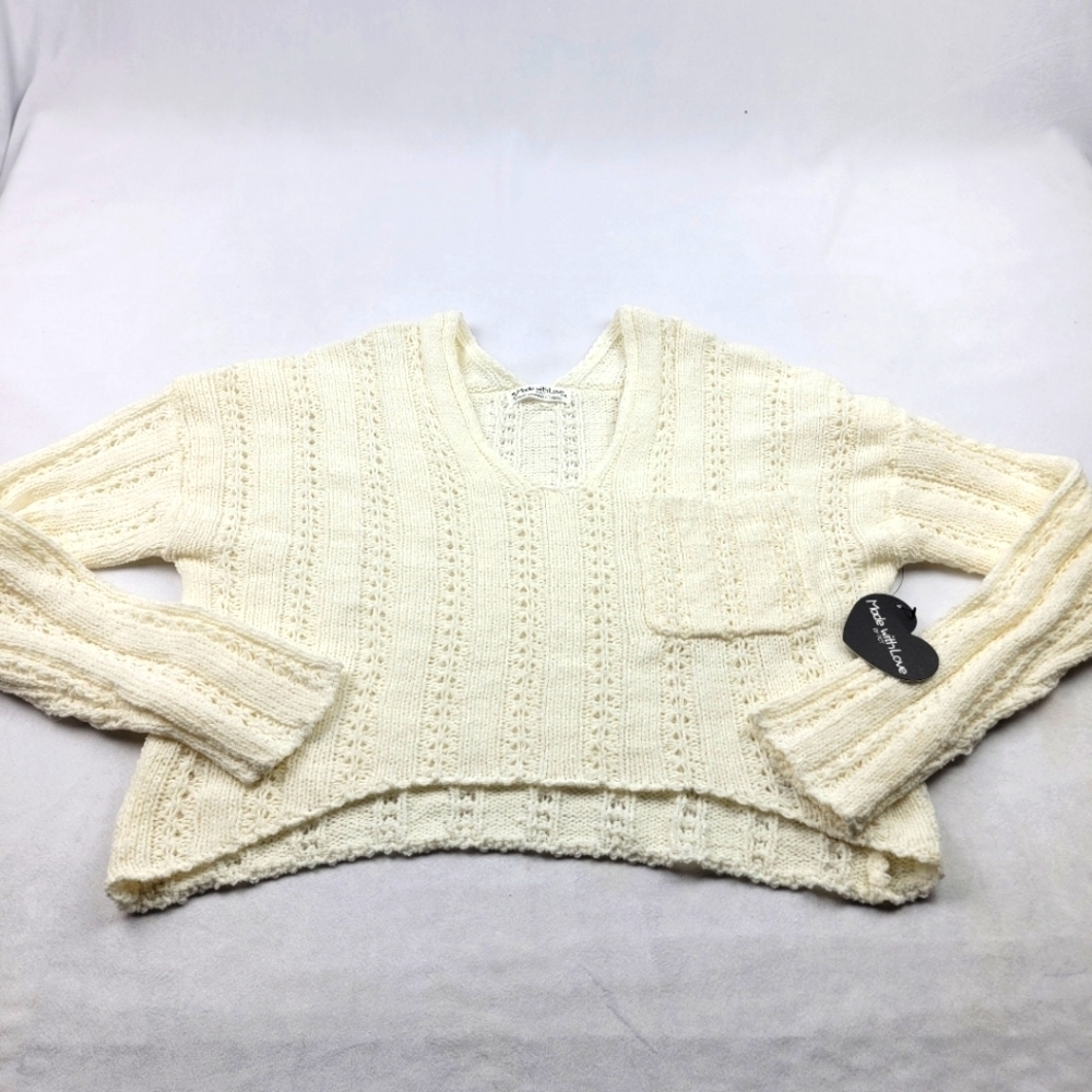 NWT Made With Love by FCT soft cream cropped knit pocket sweater